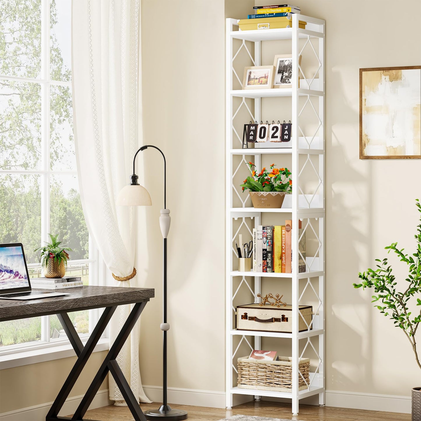 Tribesigns 78.7 Inch Extra Tall Narrow Bookshelf, 7 Tier Skinny Bookcase for Small Spaces, Freestanding Display Shelves, Multifunctional Corner Storage Organizer for Home Office, White