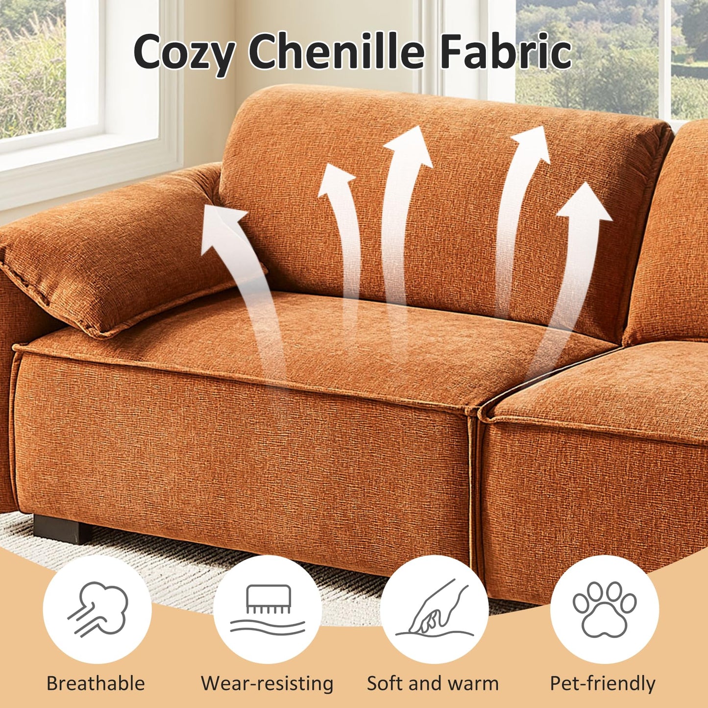 VANOMi 92.9" Sofa Couch for Living Room, Modern Comfy 3-Seater Cloud Sofas, Chenille Small Couches for Small Spaces, Upholstered Deep Seat Couch for Bedroom, Apartment (Curry)