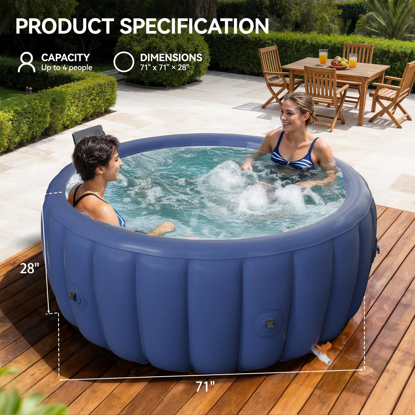 Blue 73"x28" Inflatable Hot Tub for 2-4 Persons | Portable Outdoor Spa with 146 Adjustable Bubble Jets, LED Mood Lights, Smart Touch Panel, Cover & Accessories (2 Headrests, Cup Holder)