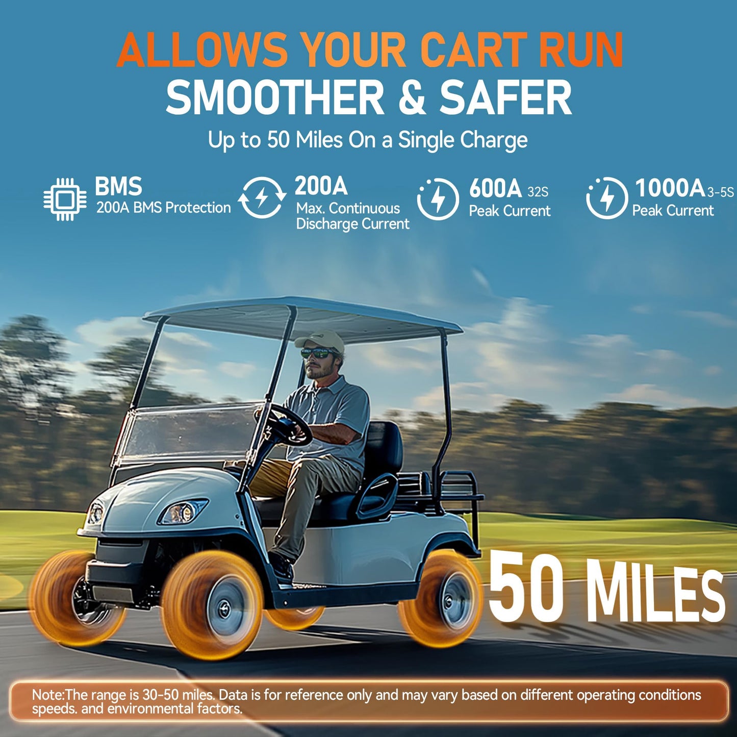 48V(51.2V) 100Ah LiFePO4 Lithium Golf Cart Battery, Built-in Smart 200A BMS with Touch Monitor and 18-Amp Charger, 1000A Peak Current, Max 10.24kW Power Output, Perfect for Golf Carts, Solar