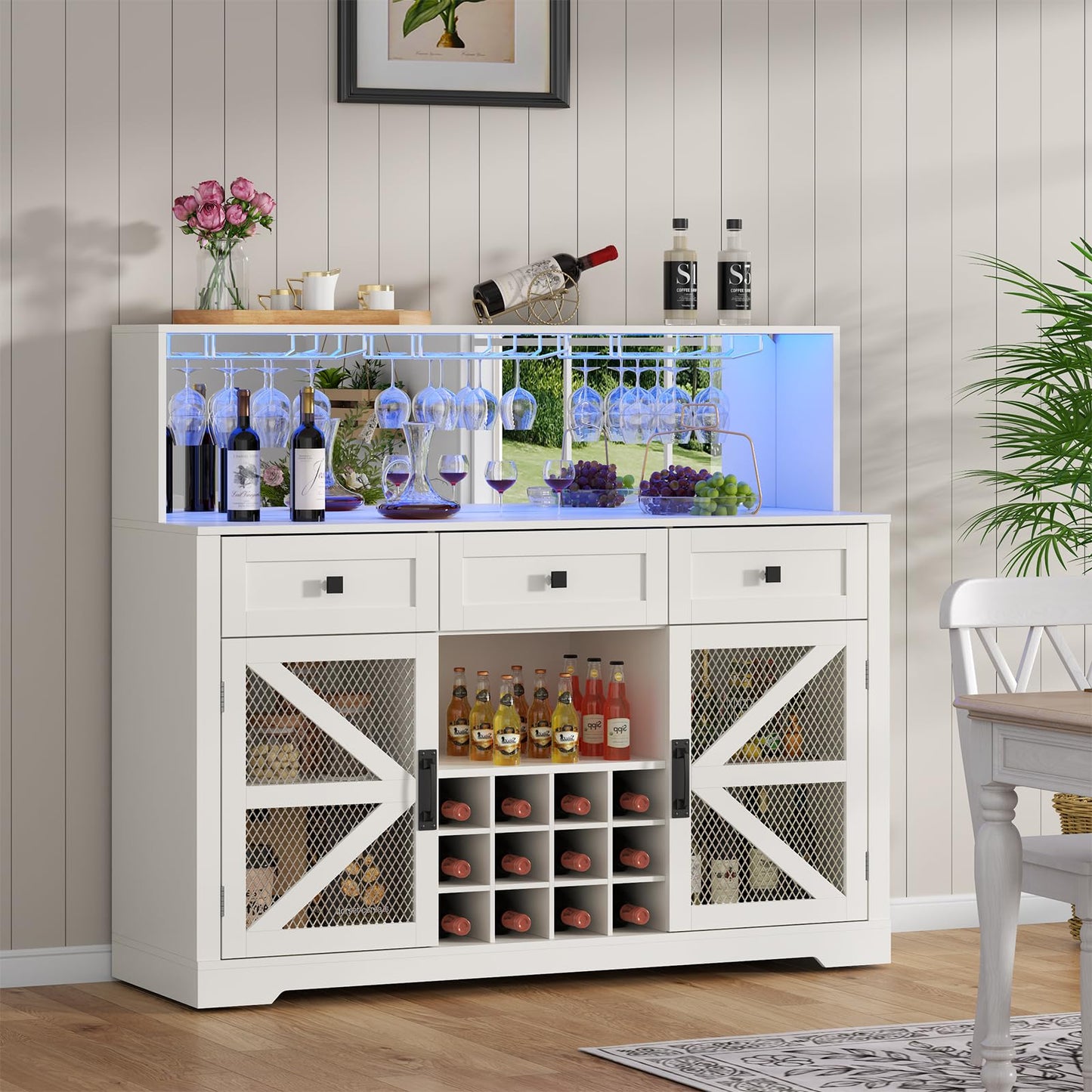 Gyfimoie Farmhouse Wine Bar Cabinet with LED Lights, Kitchen Coffee Bar Cabinet with Acrylic Mirror, Wine & Glass Rack, Storage Shelves and 3 Drawers (Signle Hutch)