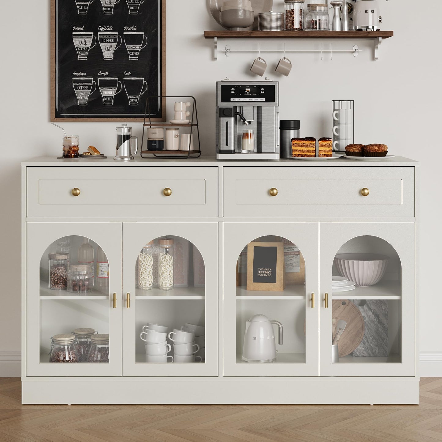 FansaFurn White Sideboard with Adjustable Shelves & 4 Doors, Kitchen Sideboards, Wood Coffee Bar Table for Living Room, Dining Room