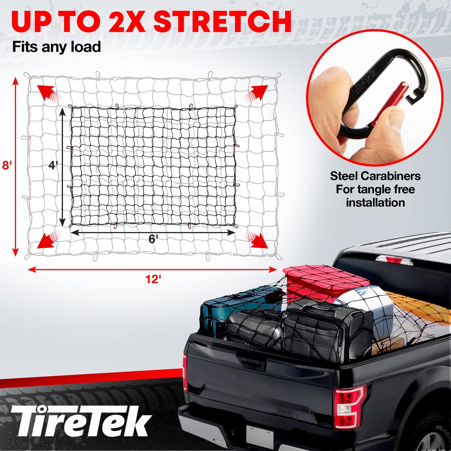 Cargo Net for Pickup Truck Bed (4' x 6' Stretches to 8' x 12') Heavy Duty Pickup Truck Bed Accessories - 2 Metal Carabiners, Bungee Mesh Accessory with Strap Hooks for SUV, Trailer Tarp