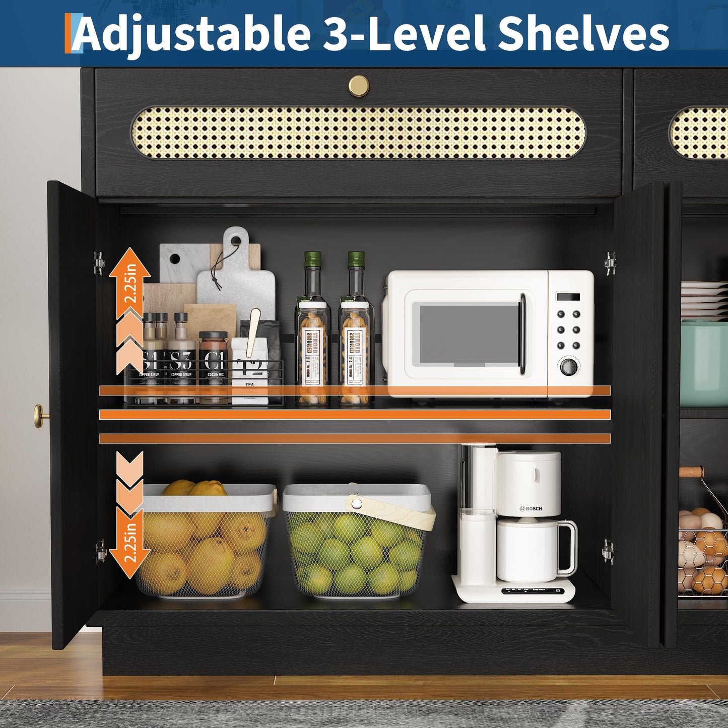 GarveeHome Buffet Sideboard, 60'' Sideboard Cabinet with 2 Drawers and 4 Rattan Doors, Rattan Sideboard with Adjustable Shelves, Black