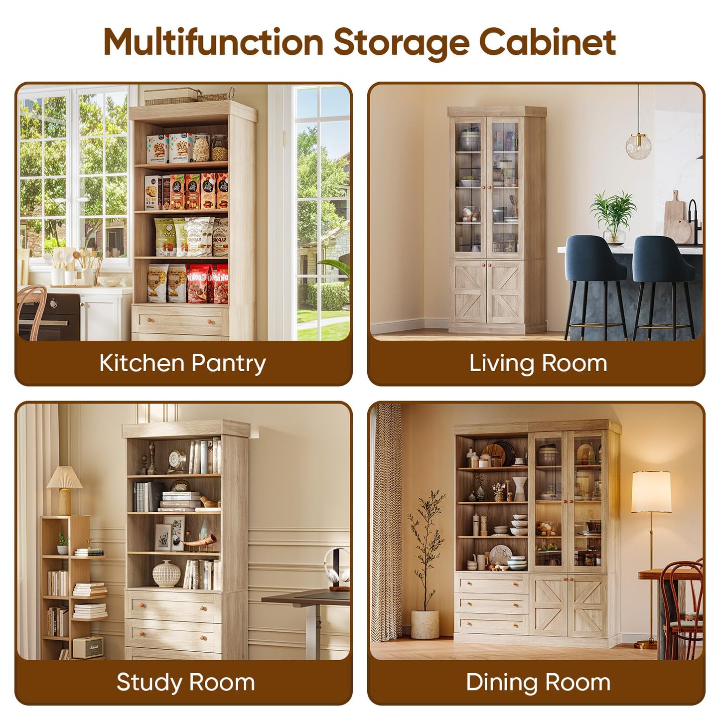 Vyre 71" Tall Farmhouse Kitchen Pantry, Large Storage Cabinets with Glass Doors, Freestanding Wood Hutch Cabinet with 3 Drawers & Adjustable Shelves for Living Room & Dining Room, Brown, Set of 3