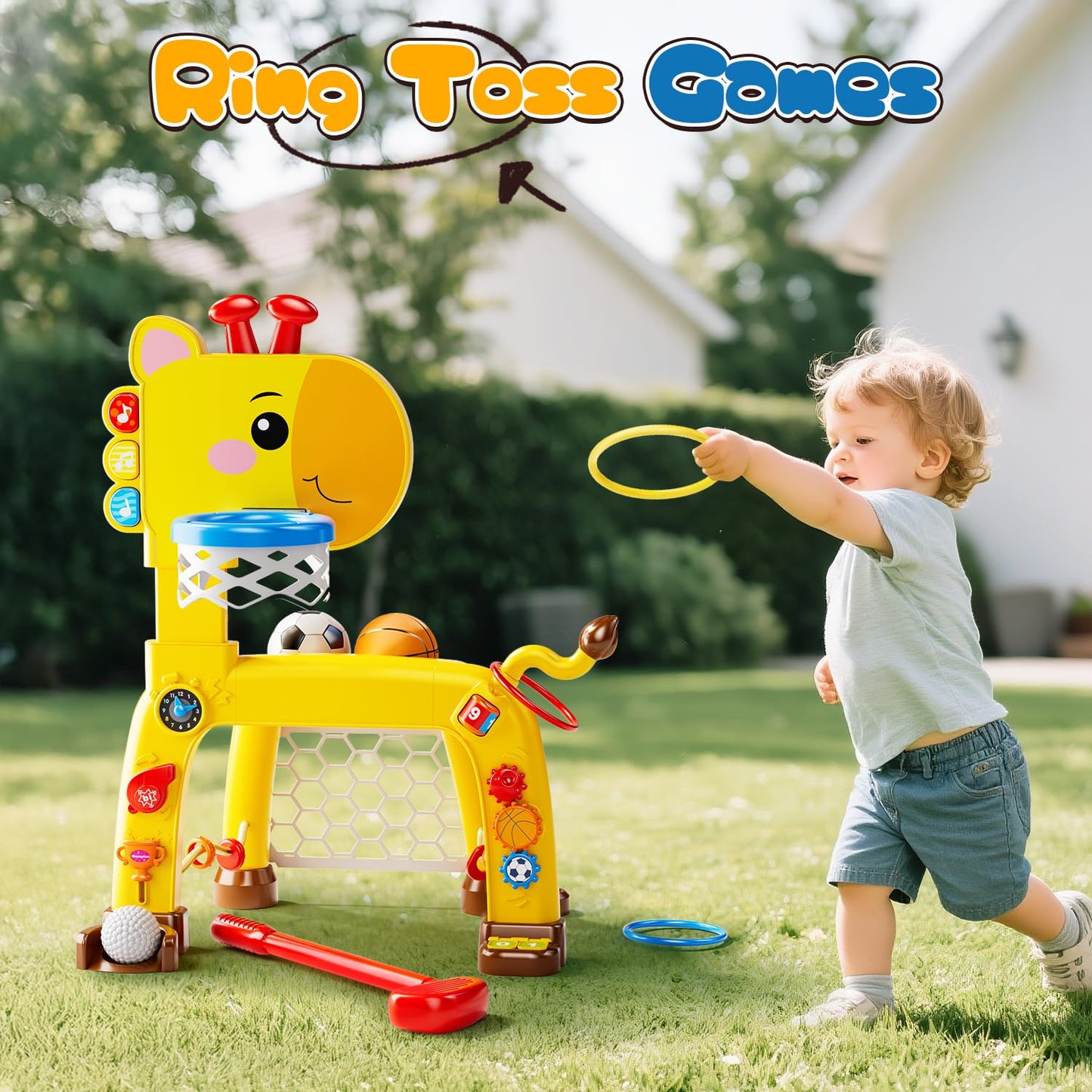 4-in-1 Toddler Basketball Hoop, Soccer Goal, Golf Toy & Ring Toss Game with Lights and Music, Kids Sports Activity Center Gifts for Boys and Girls Ages 1-3