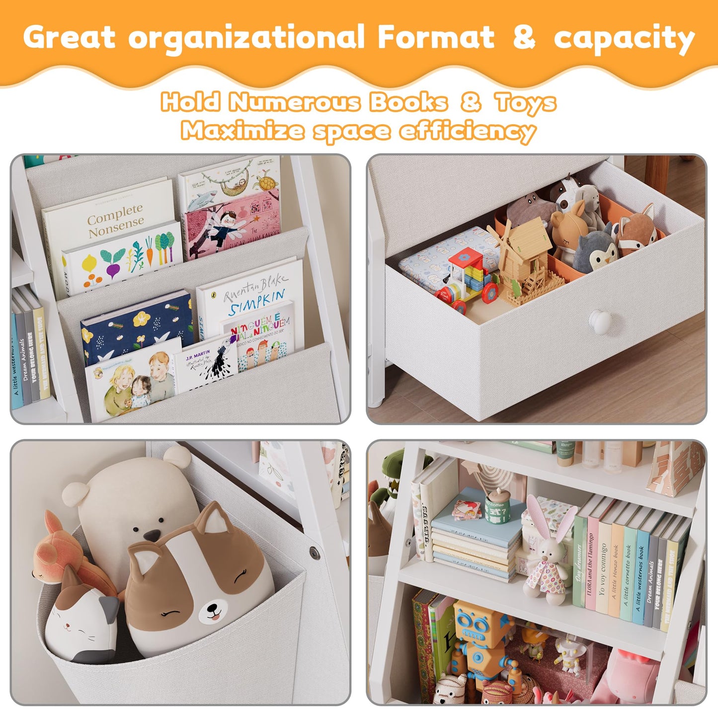 Kids Bookshelf and Toy Storage Organizer, Kids Bookcase Montessori 3 Tier Baby Toddler Sling Book Shelf with Drawer Pockets for Kids Room, Nursery, Playroom, Bedroom, White