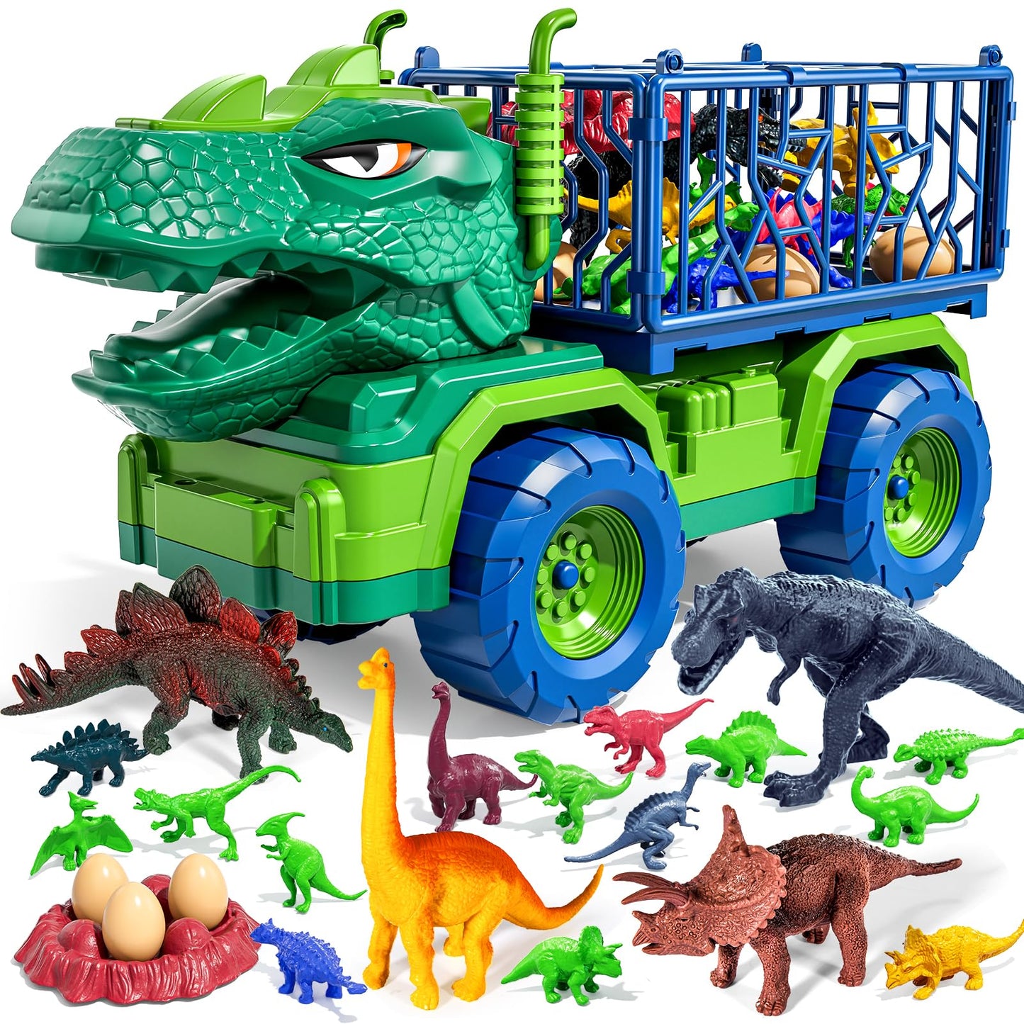 Guminnara 22 in 1 Toddler T-rex Dinosaur Truck Toy Set for Kids Boys 3-5 5-7, Tyrannosaurus Carrier Transport Truck with 18 Jurassic Dino Figures, Birthday Toy for Boys Girls 3 4 5 6 7 Years Old