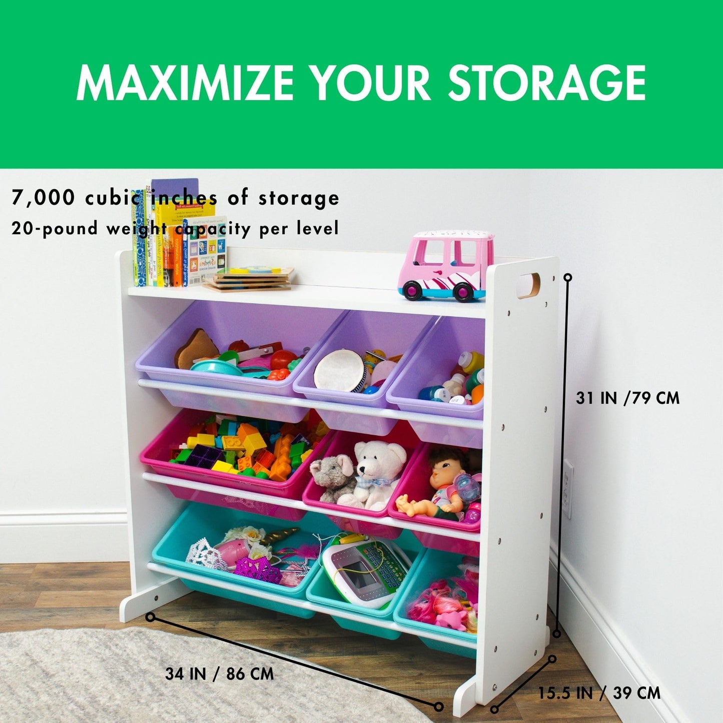 Humble Crew Toy Storage Organizer with 9 Removable Storage Bins for Kids Playroom, 3-Tier with Top Shelf Toddler Toy Organization, White/Pink/Purple/Aqua