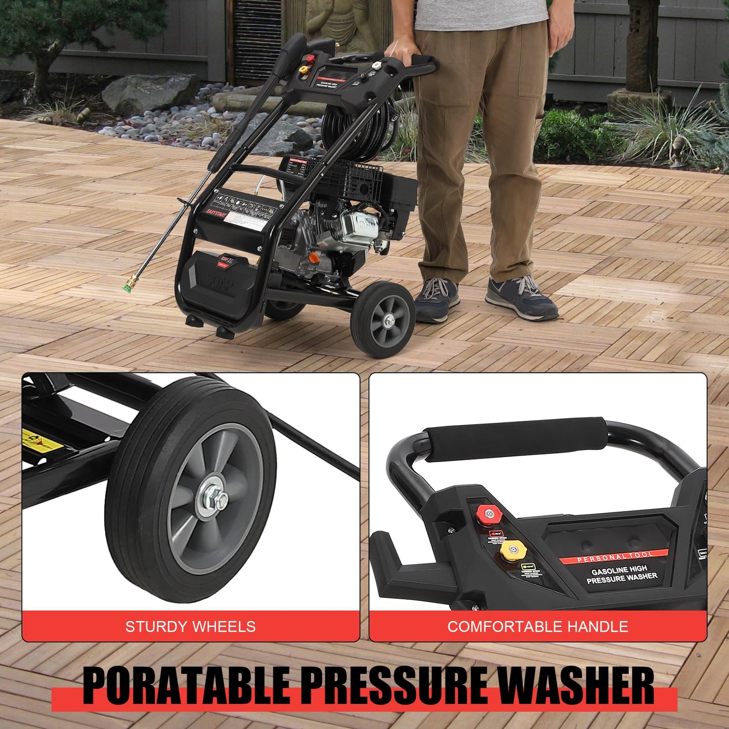 Gas Pressure Washer - 3600 PSI, 2.6 Max GPM, High Pressure Washer with 4 Quick Connect Nozzles & Soap Nozzle, Ideal for Cars, Fences, Driveways, Homes, Patios, and Furniture