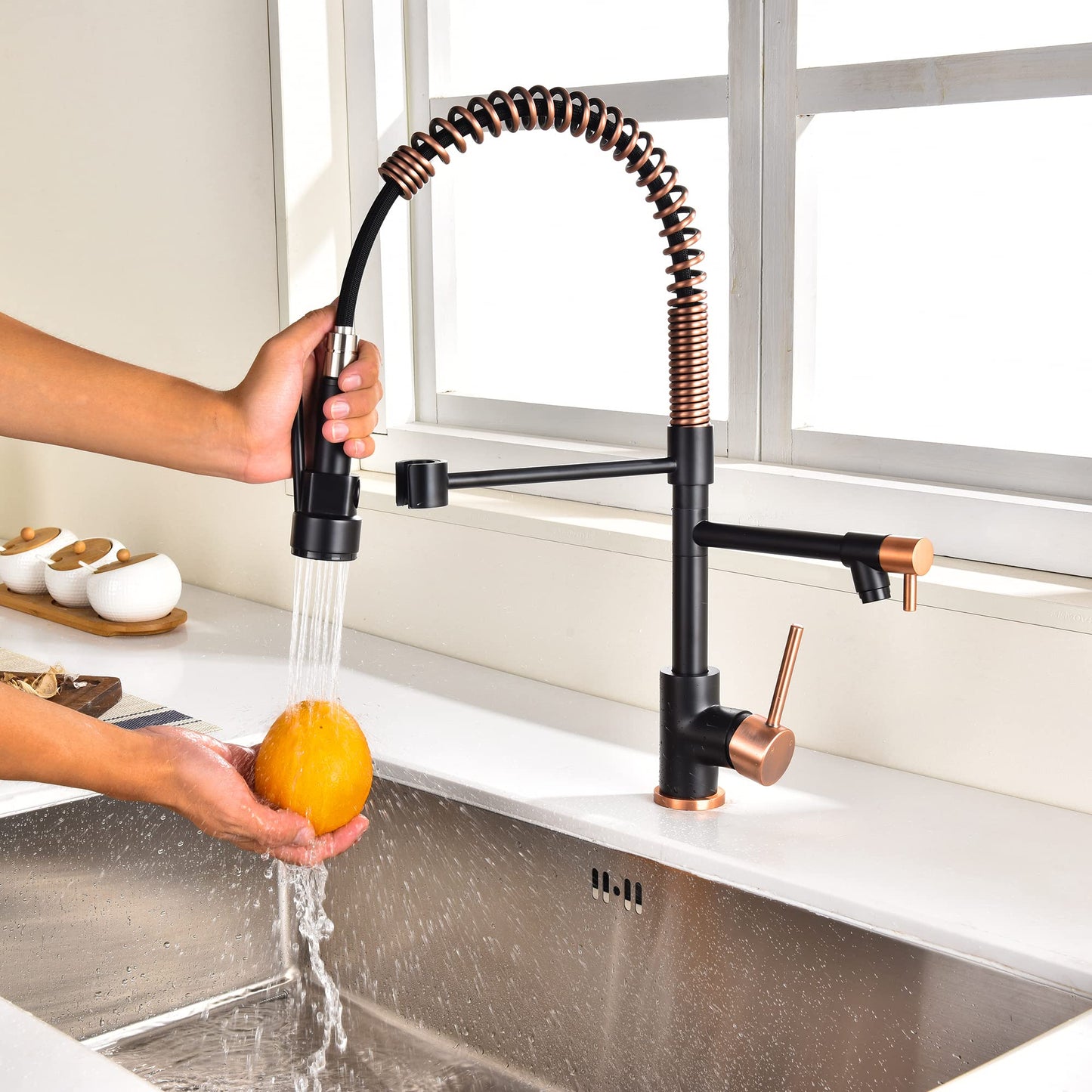 Avola Copper & Black Spring High Arc Kitchen Faucet,Stainless Steel Pull Down Sprayer Faucets,Kitchen Sink Faucet Single Handle Spring Two Nozzles Faucets, Suitable for RV, Bar & Laundry