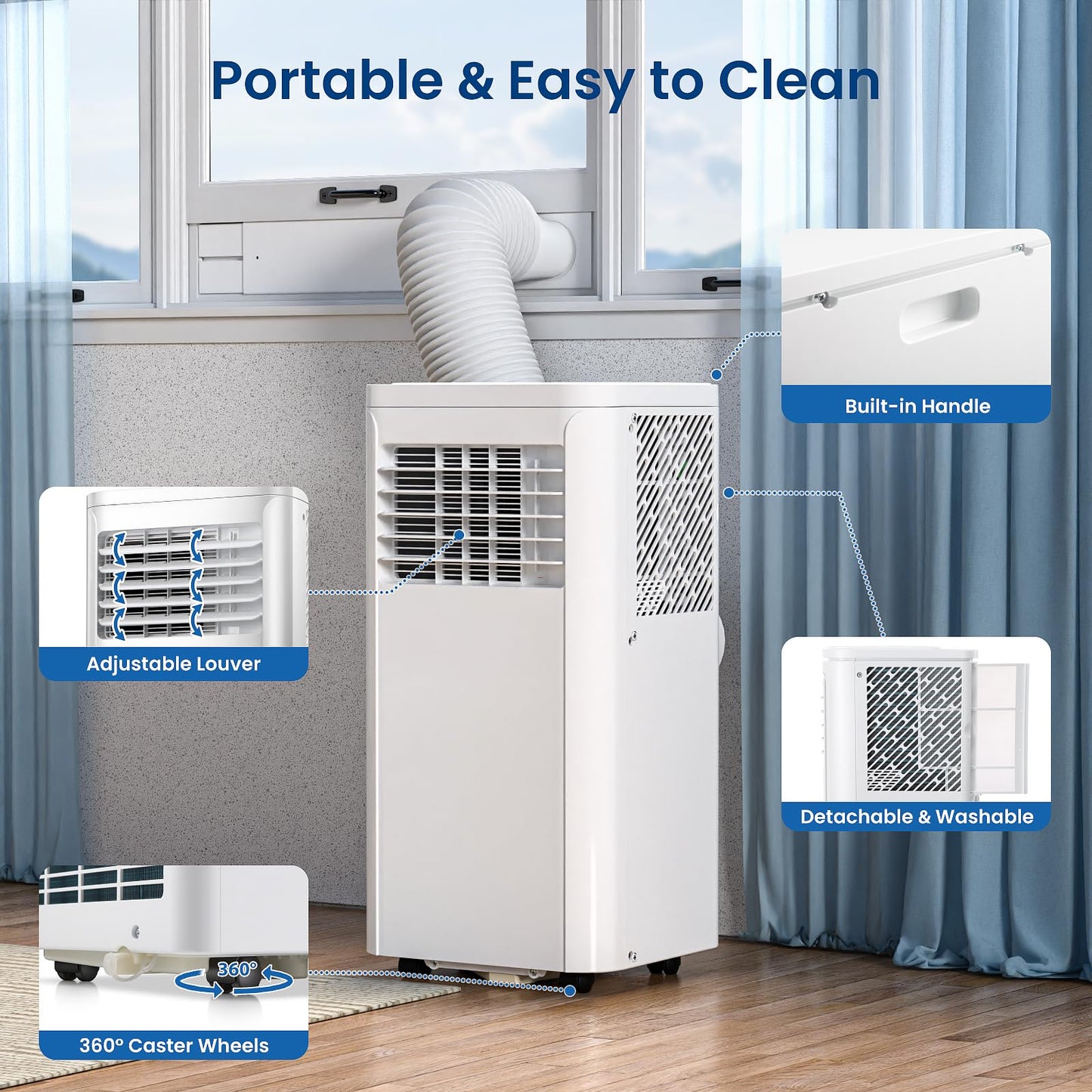 ZAFRO Portable Air Conditioners, 10000 BTU, 3 in 1 Portable AC Unit with Window Kits, Fan & Dehumidifier Modes, Cools up to 450 Sq.Ft, LED Display/Remote Control, 24H Timer for Living Room, Bedroom