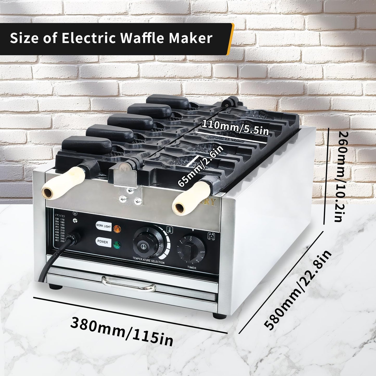 CPVKRY Taiyaki Fish Waffle Maker 110V/Commercial Ice Cream Waffle Maker/Stainless Steel Taiyaki Maker/With 122-572℉ Temp Range and Time Control, Teflon-Coated Baking Pan