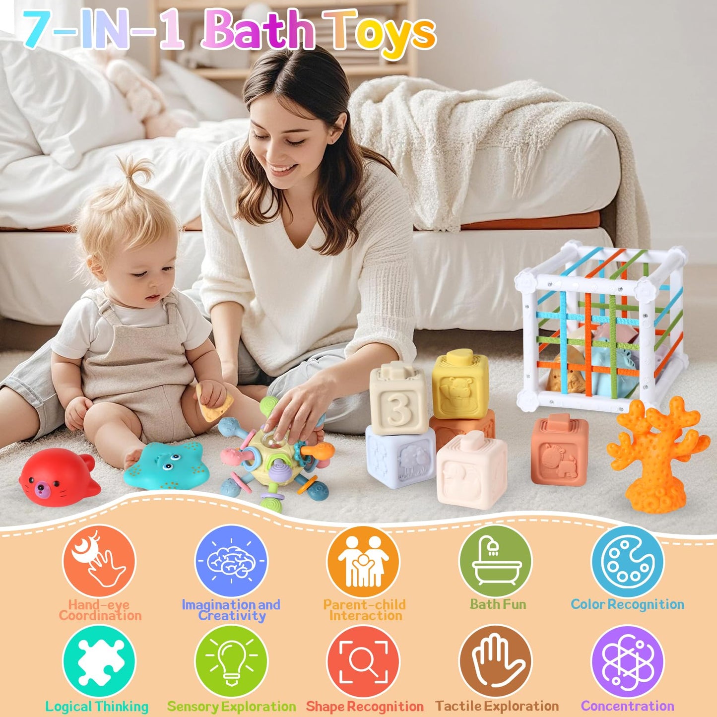 7-in-1 Montessori Baby Toys with Shape Sorter Sensory Bin, Stacking Cups, Soft Sea Animal Toys for 6-12-18 Months, Fun Bath Time Learning Developmental Toys Gifts for 1 2 3 Year Old Girls Boys