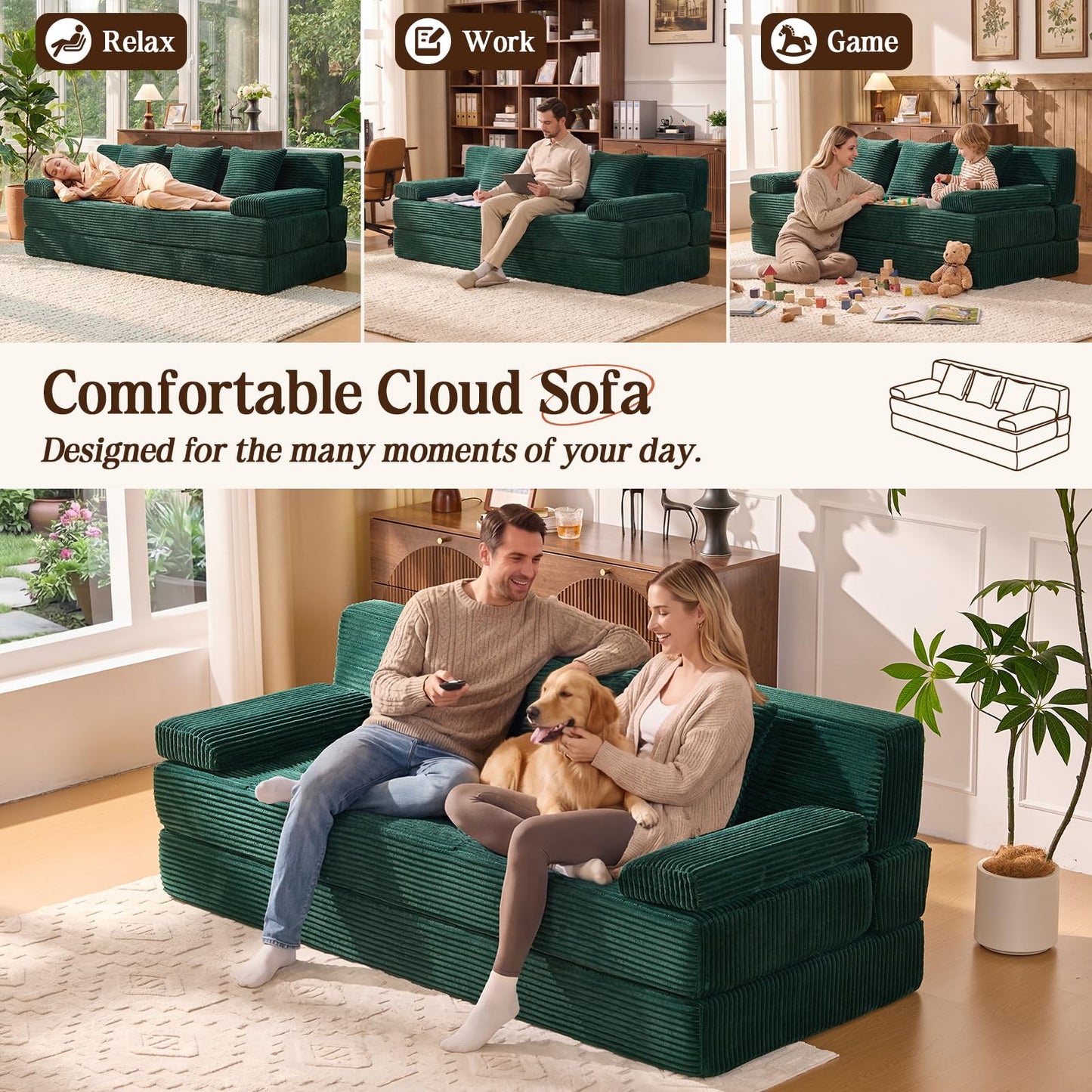 LOOMORA 78.7IN Folding Sofa Bed - Convertible Sleeper Sofa Couch with Removable Pillows, 3 Seater Couches Bed for Living Room, Bedroom, Apartment, No Assembly Required, Freestanding, Corduroy, Green