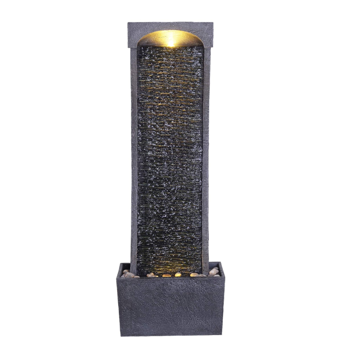 Teamson Home 38.58 in. Modern Curved Faux Slate Waterfall Fountain for Indoors or Outdoors with LED Light Accents and 1.98-Gallon Pump, Black and Stone Gray