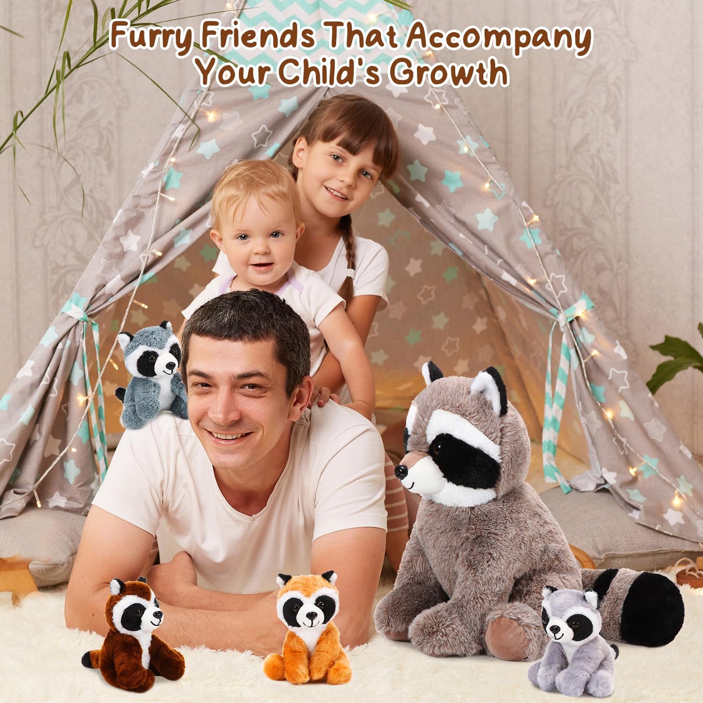 Harrycle 5 Pcs Raccoon Stuffed Animal Set Adorable Mommy Raccoon Plush with 4 Babies in Tummy Soft Cuddly Plushie for Birthday Woodland Party Decor(Cuddly Style)