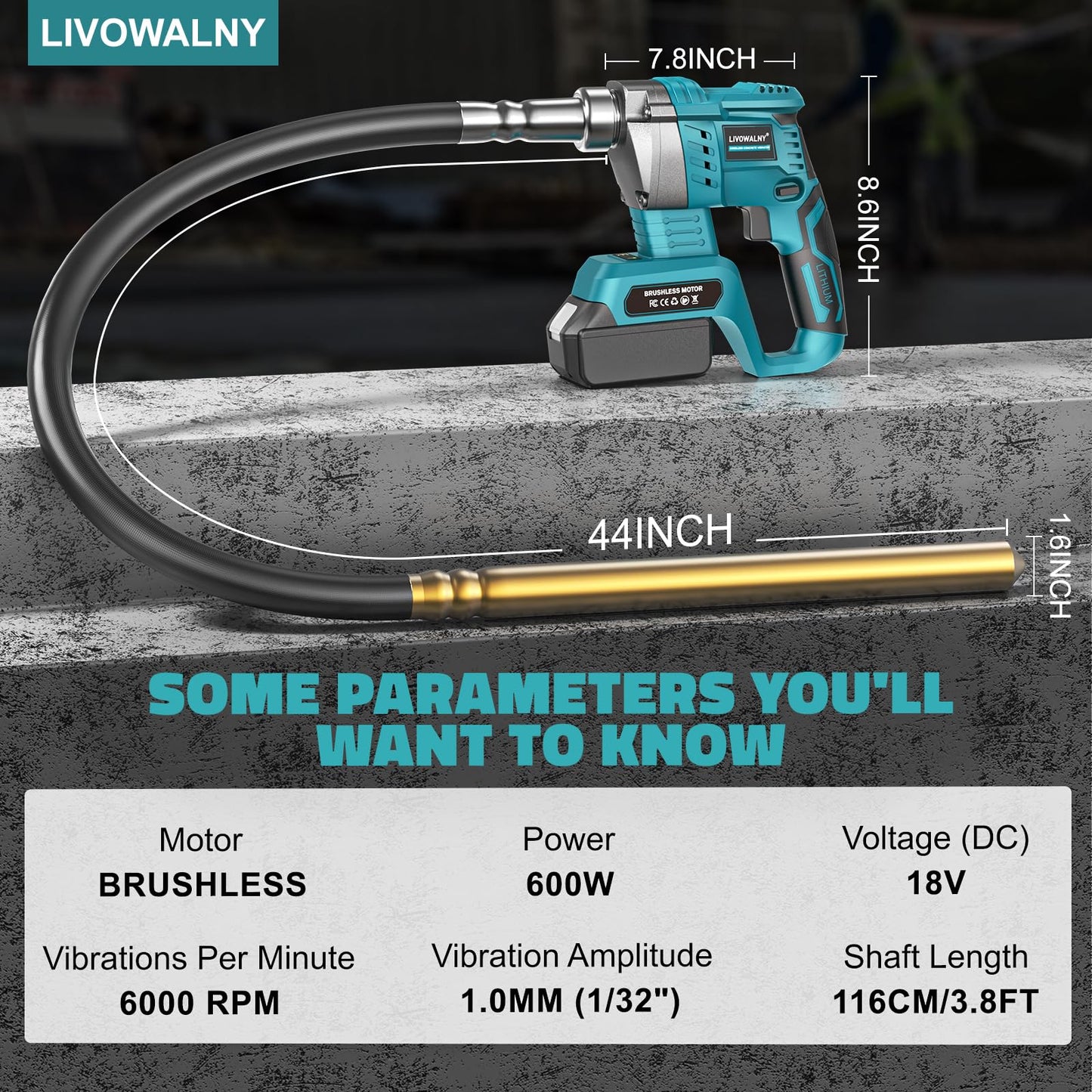 LIVOWALNY Handheld Concrete Vibrating Tool Compatible with Makita 18V Battery, 600W Cordless Electric Concrete Vibrator w/3.8ft Shaft Rod, Portable Pencil Cement Vibrarator Remove Bubble Mix Concrete