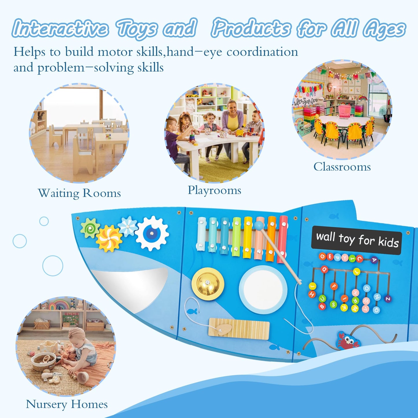 Shark Activity Wall Busy Board Panels,Busy Board for Toddlers Montessori Sensory Toys Wall Mount Wooden Learning Toy Ideal Furniture for Playroom & Children's Daycare
