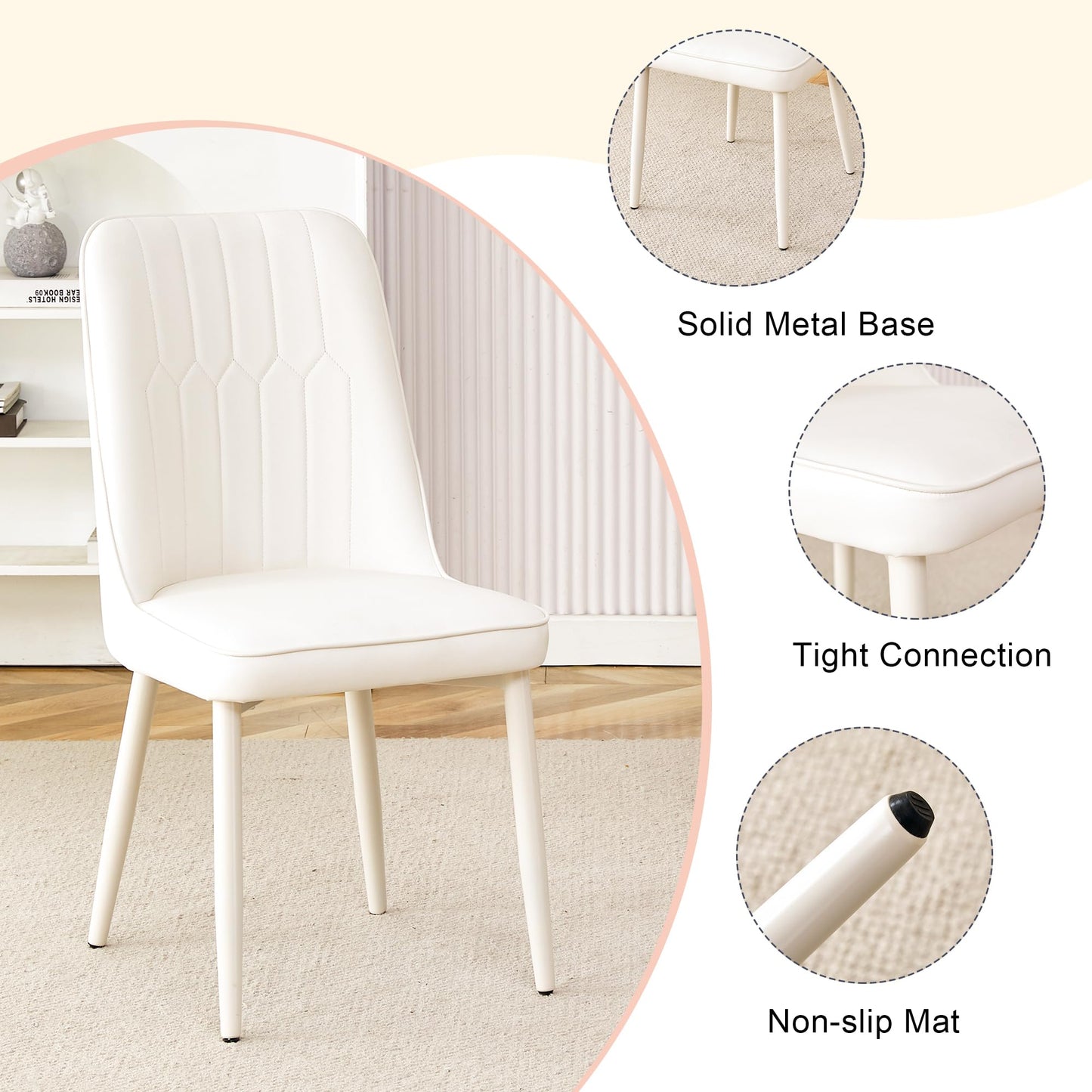 TesNus White Dining Table Set for 6, 67'' Modern Dining Table Set with 6 Upholstered Metal Chairs, 3.5'' Oval Faux Marble Top and Cream White Pedestal Base, Rounded Corners Marble Kitchen Table Set