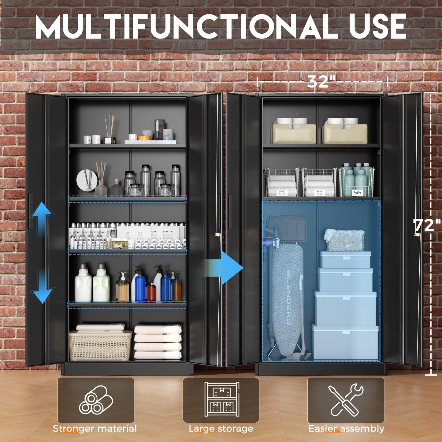 Greenvelly Metal Storage Cabinet with Lock, 72” Black Garage Storage Cabinet with Doors and Shelves, Tall Lockable File &Tool Cabinet for Home Office, Metal Classroom Cabinet Basement