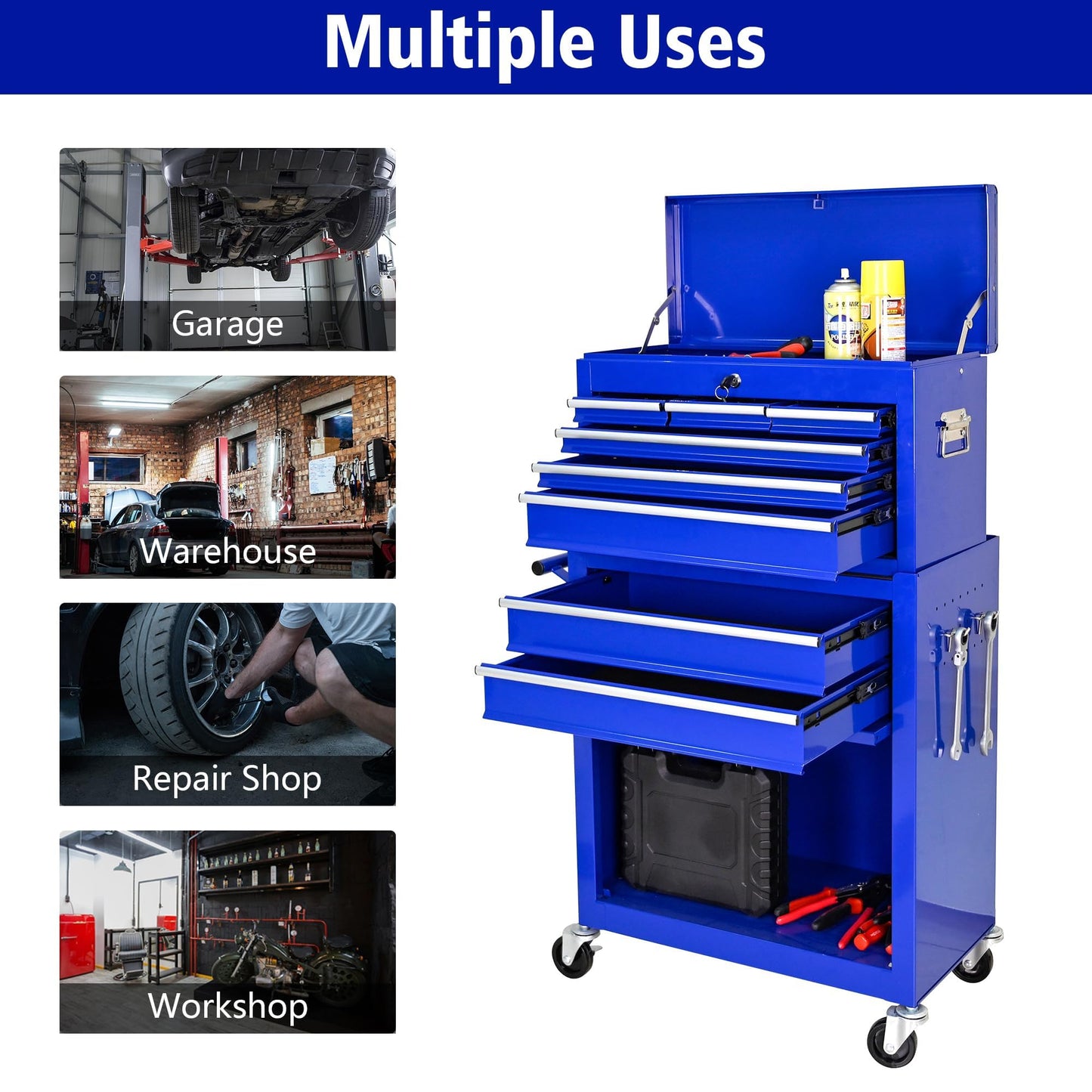 EcoExplorer 8-Drawer Rolling Tool Chest with Wheels & Detachable Top, Heavy-Duty Steel Toolbox for Garage, Workshop, or Warehouse, Includes Lockable Drawers, Hooks, Tray Dividers & Protective Liners
