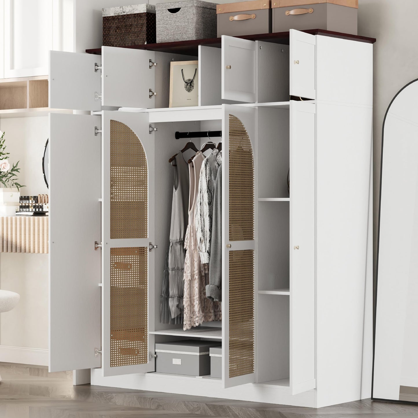 KEIKI Large 8 Doors Wood Wardrobe, Bedroom Tall Armoire Closet Organizer w/Rattan Decorative, Hanging Rails & Adjustable Shelves Clothes Storage Cabinet for Garage & Laundry Room, White