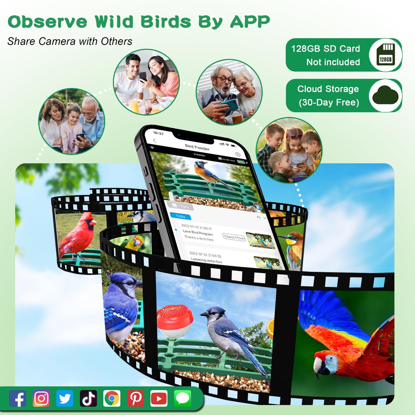 Bird Feeder with Camera,Smart AI Feeder with Solar-Powered Camera – Auto Identifier, Live View, Instant Visit Alerts, HD Video Capture for Bird Watching Enthusiasts (Weatherproof) 2.4GHz WiFi- Green