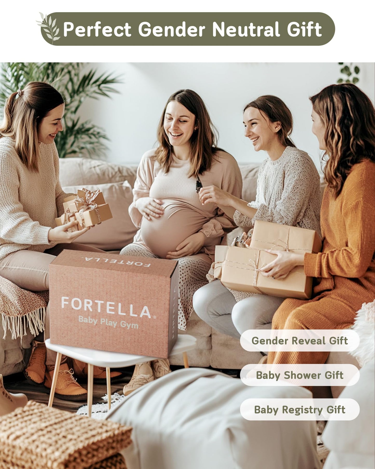 Fortella Baby Play Gym & Activity Mat, Machine Washable & Foldable Tummy Time Mat with 5 Detachable Toys, Certified Safe Newborn Essentials Gift for Baby Registry 0-12 Months (Sage Green)