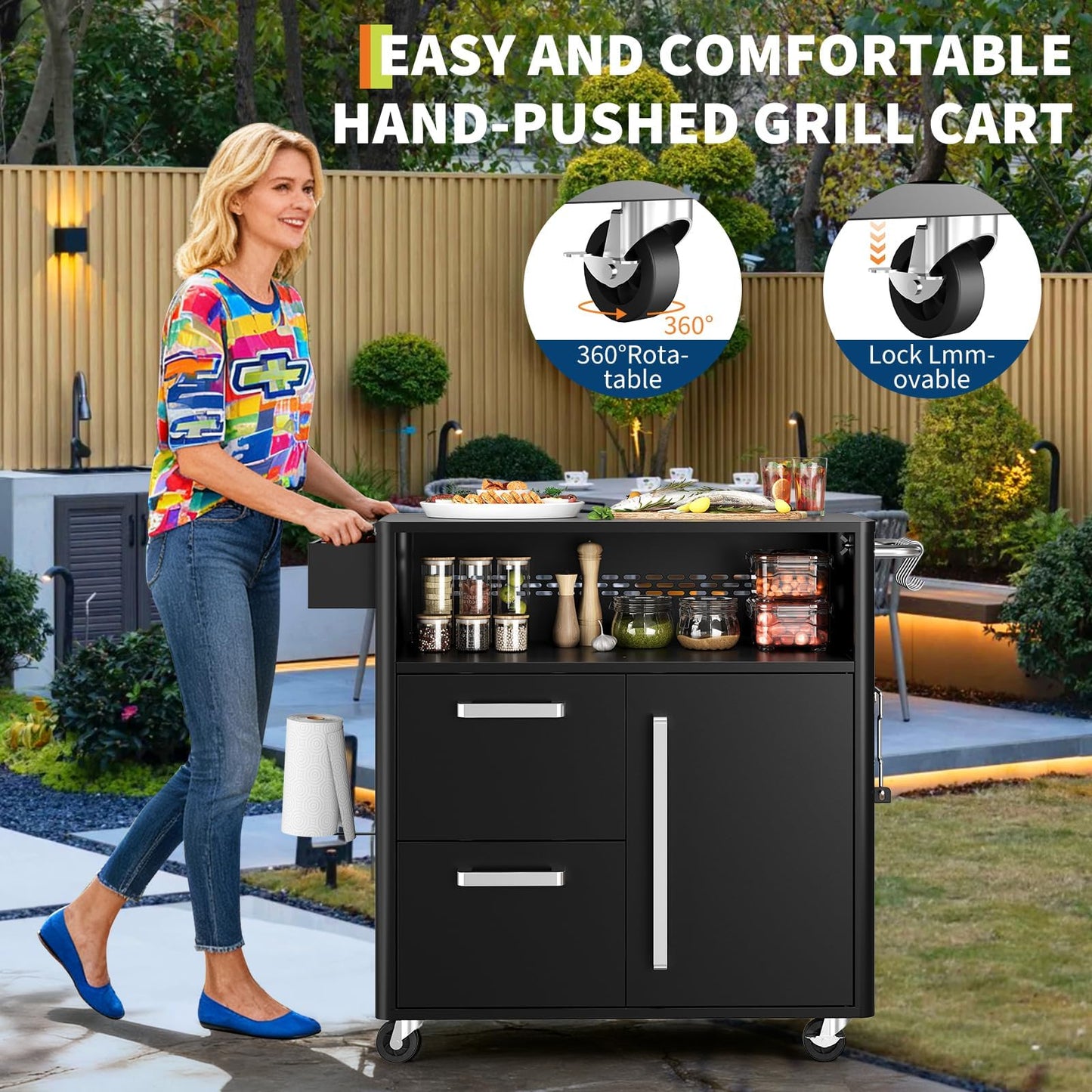 Heavy Duty Outdoor Grill Cart with Stainless Steel Prep Table, Lockable Wheels, Large Storage Cabinet, and Island Table for Patio or Kitchen
