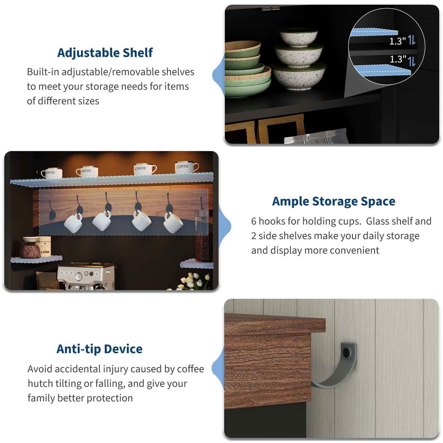 Coffee Bar Cabinet with LED Light, 72 in Tall Farmhouse Coffee Bar Hutch with Storage, Sideboard Buffet Cabinet with Microwave Stand/Glass Shelf/6 Hooks/3 Drawers for Kitchen Living Dining Room, Black