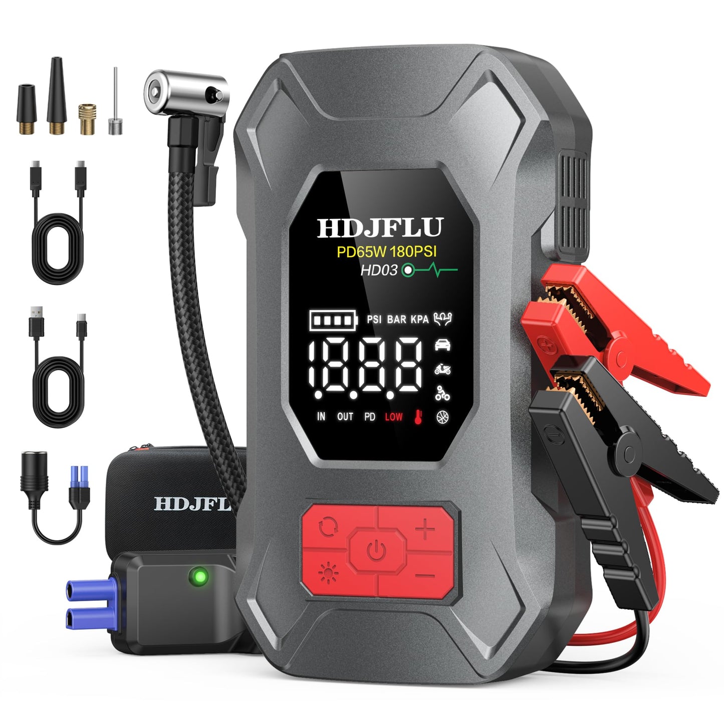 7500A Jump Starter with 180PSI Air Compressor, 24000mAh Car Battery Jump Starter(All Gas/10.0L Diesel), 65W Fast Charge, 10-in-1 Portable Auto Tire Inflator, Cigarette Lighter, Jumper Cable, LED Light