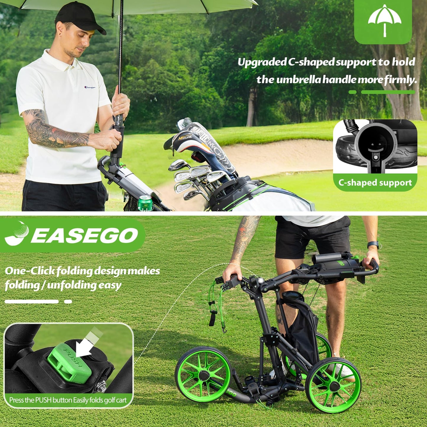 EASEGO Golf Push Cart 3 Wheel : Golf Bag Cart Foldable with Phone/Cup/Umbrella Holder Compact Golf Pull Carts Quick Fold Golf Caddy Push Carts with Large Wheelbase for Different Terrain (Lemon Green)