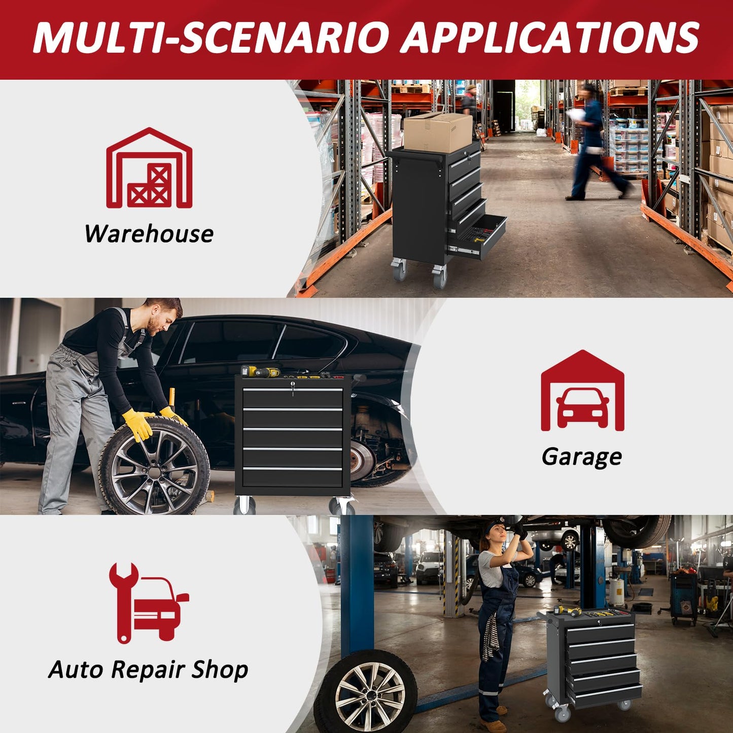 Kieperi 5-Drawers Rolling Tool Chest, Tool Chest with Wheels and Drawers, Rolling Box with Locking System, Tool Box with Wheels for Garage, Warehouse, Workshop (Black, 5 Drawers)