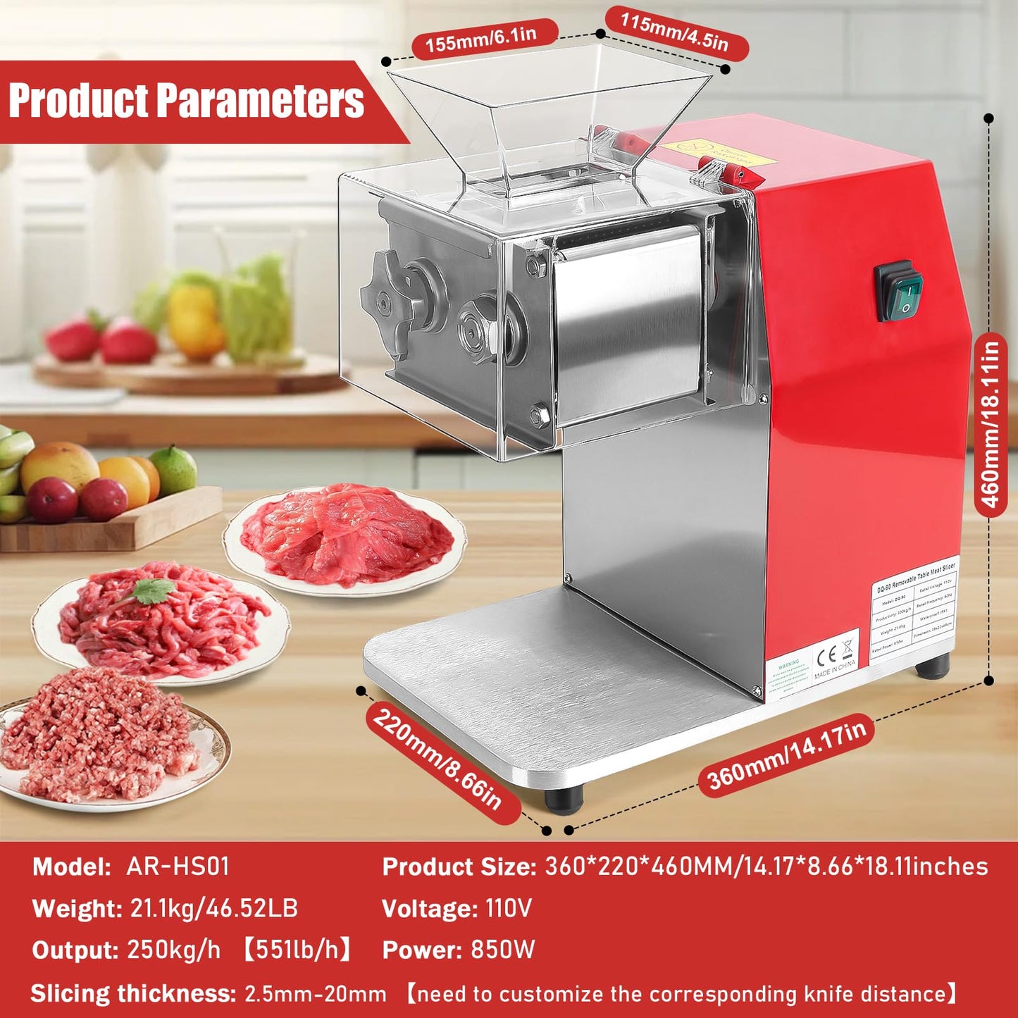 ARLUMA Meat Cutter Machine,850W Commercial Meat Slicer,Stainless Steel Electric Meat Slicer Machine for Home Kitchen,Restaurant,Supermarket (3.5MM)