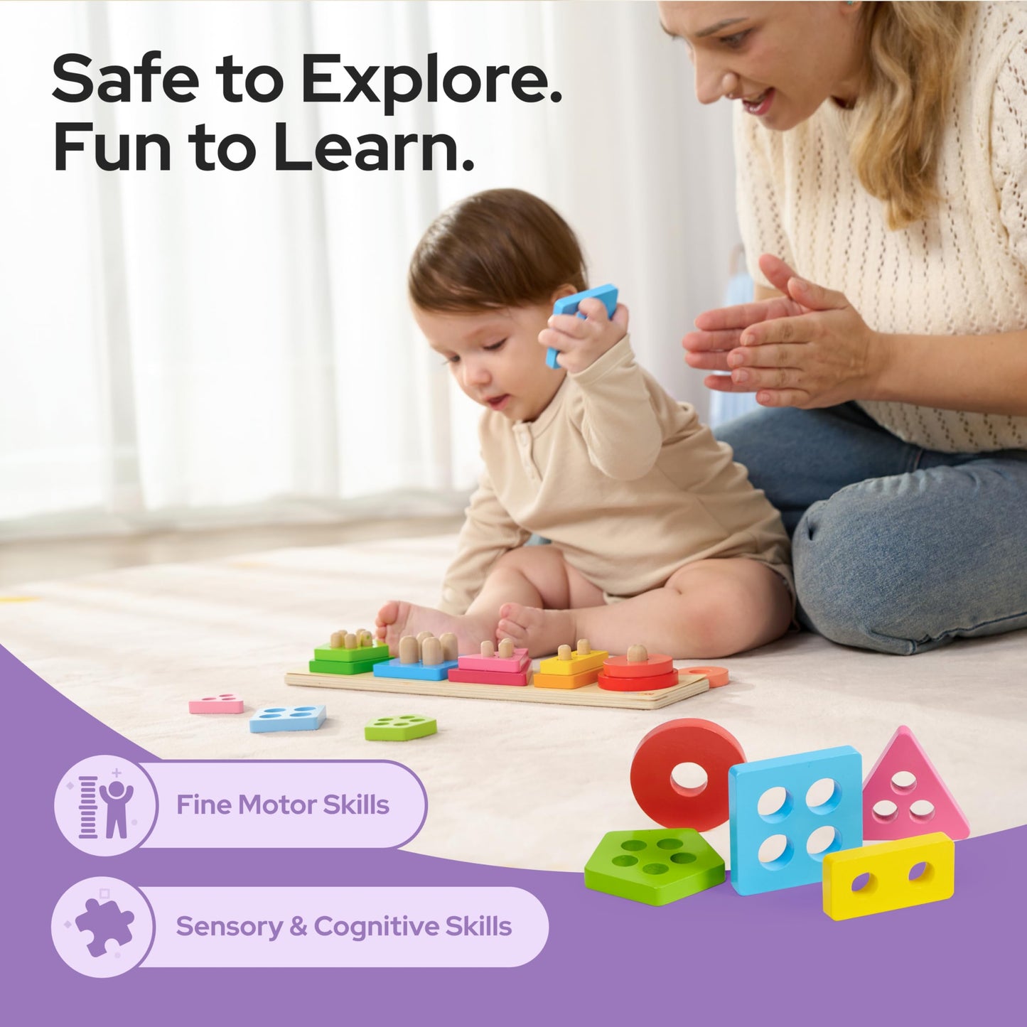 lalalark Montessori Toys for 1 2 3 Year Old Boy Girl, Wooden Sorting & Stacking Toys, Shape Sorter Baby Toy, Tactile & Sound Wooden Chunky Puzzles for Baby 2-4, Musical Farm Animal Toys