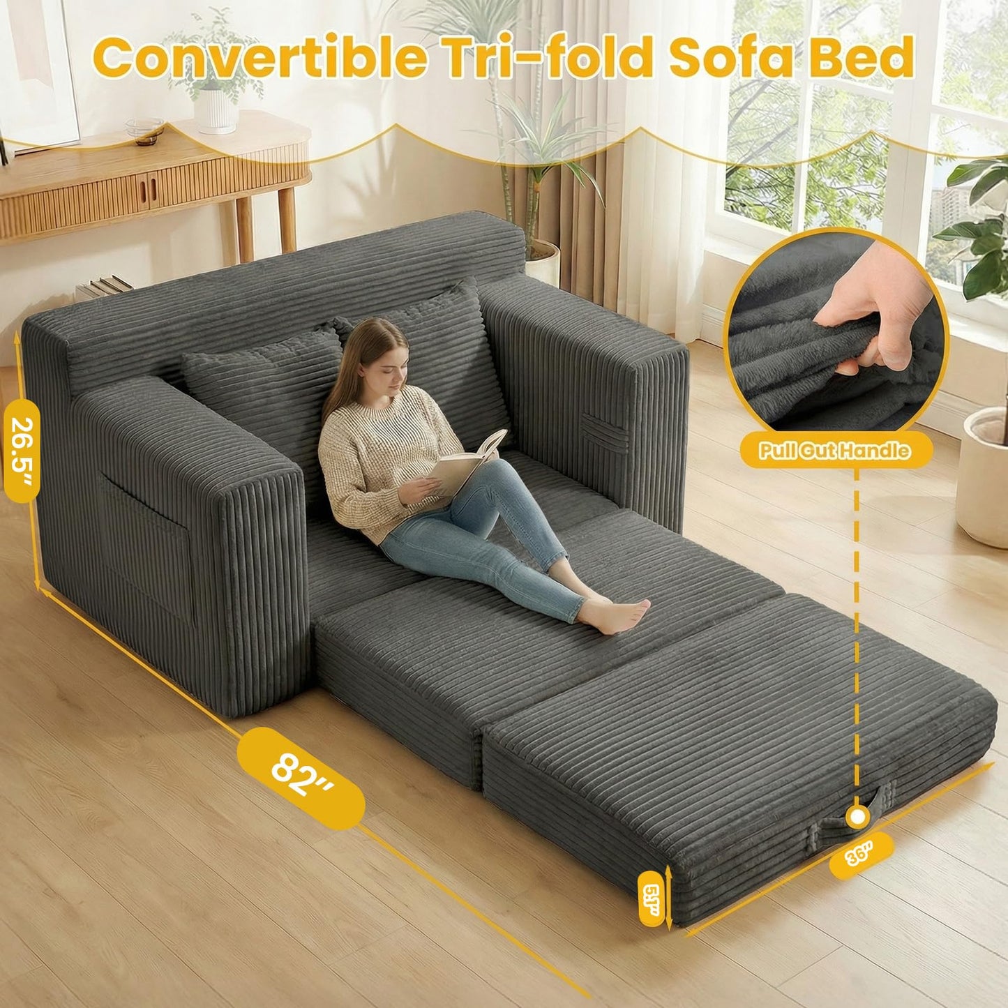 Boneless Loveseat Sleeper Sofa Bed: 3-in-1 Convertible Sofa Bed with Side Pockets & Handle,Pull Out Couch with 2 Pillows,Folding Futon for Small Space,Living Room & Bedroom,Corduroy Fabric,No Assembly