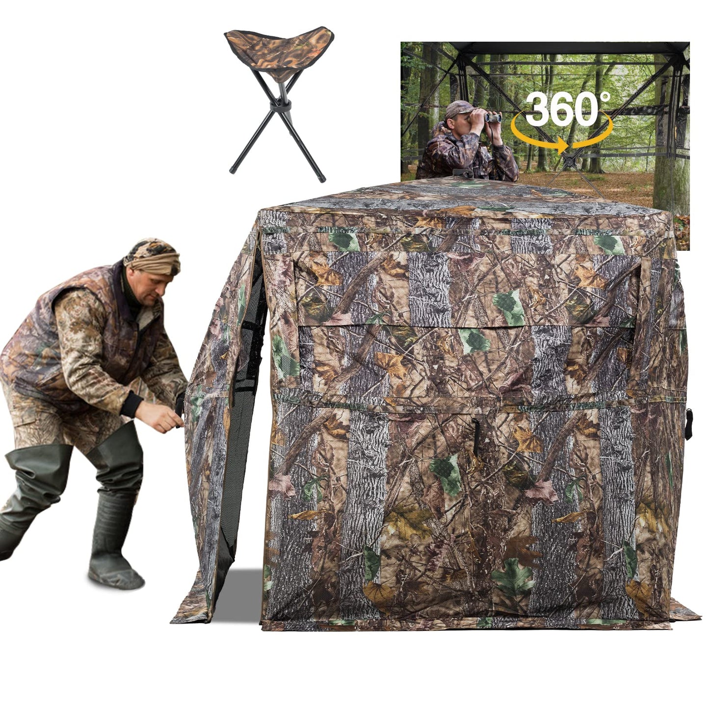 FUNHORUN Hunting Blind 360 Degree See Through Ground Blind with Chair and Carrying Bag, 2/3 Person Pop Up Camouflage Tent Portable Concealed Shelter