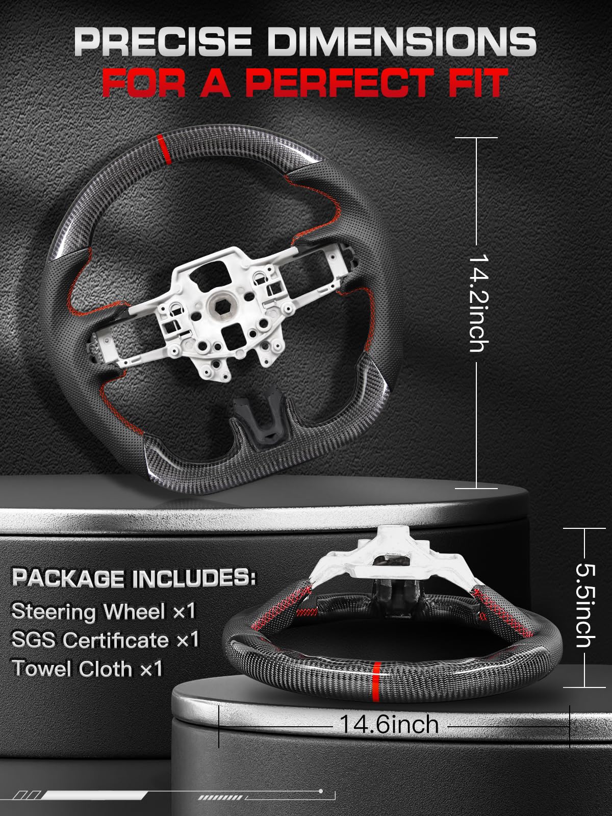 TESFEEL Real 3K Carbon Fiber Steering Wheel for Ford Mustang 2015-2017, D-Shape Flat Bottom, Premium Nappa Leather with Red Stripe & Hand-Stitching, for V6/Base/EcoBoost/GT/Shelby GT350&GT350R