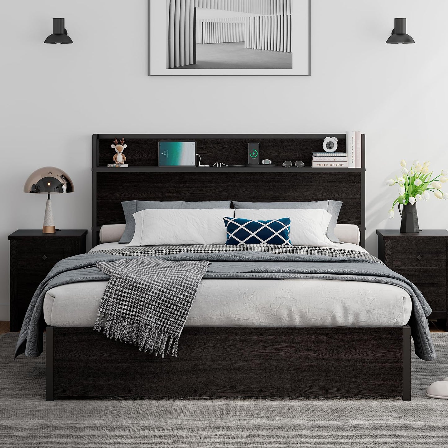 LUXOAK Full Size Lift Up Storage Bed, Wood Platform Bed Frame with Storage Headboard & Charging Station, No Box Spring Needed, Easy Assembly, Black