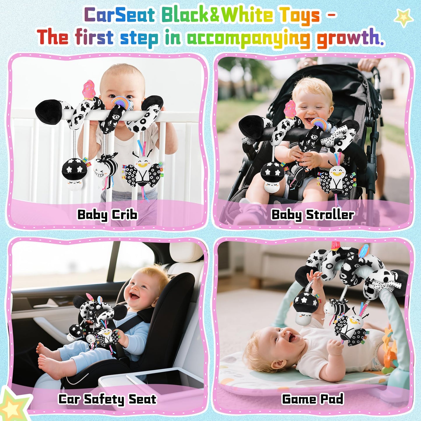 Zendstanding Spiral Car Seat Toys for Babies, 0-6 Months Stroller Pram Activity Hanging Toys High Contrast Black and White Sensory Toy, Newborn Soft Plush Travel Toy for Newborn Boys Girls Gift