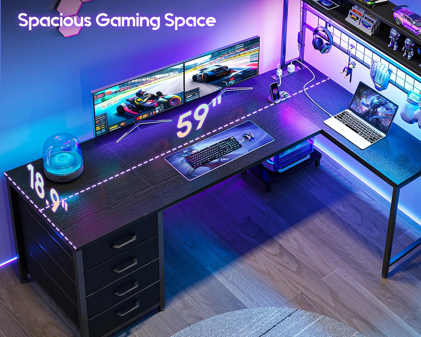AODK L Shaped Gaming Desk with 4 Drawers, 59" Reversible Computer Desk with Hutch and Shelves, Gamer Desk with LED Lights, Power Outlets, Home Office Corner Desk with Gird Pegboard, Black