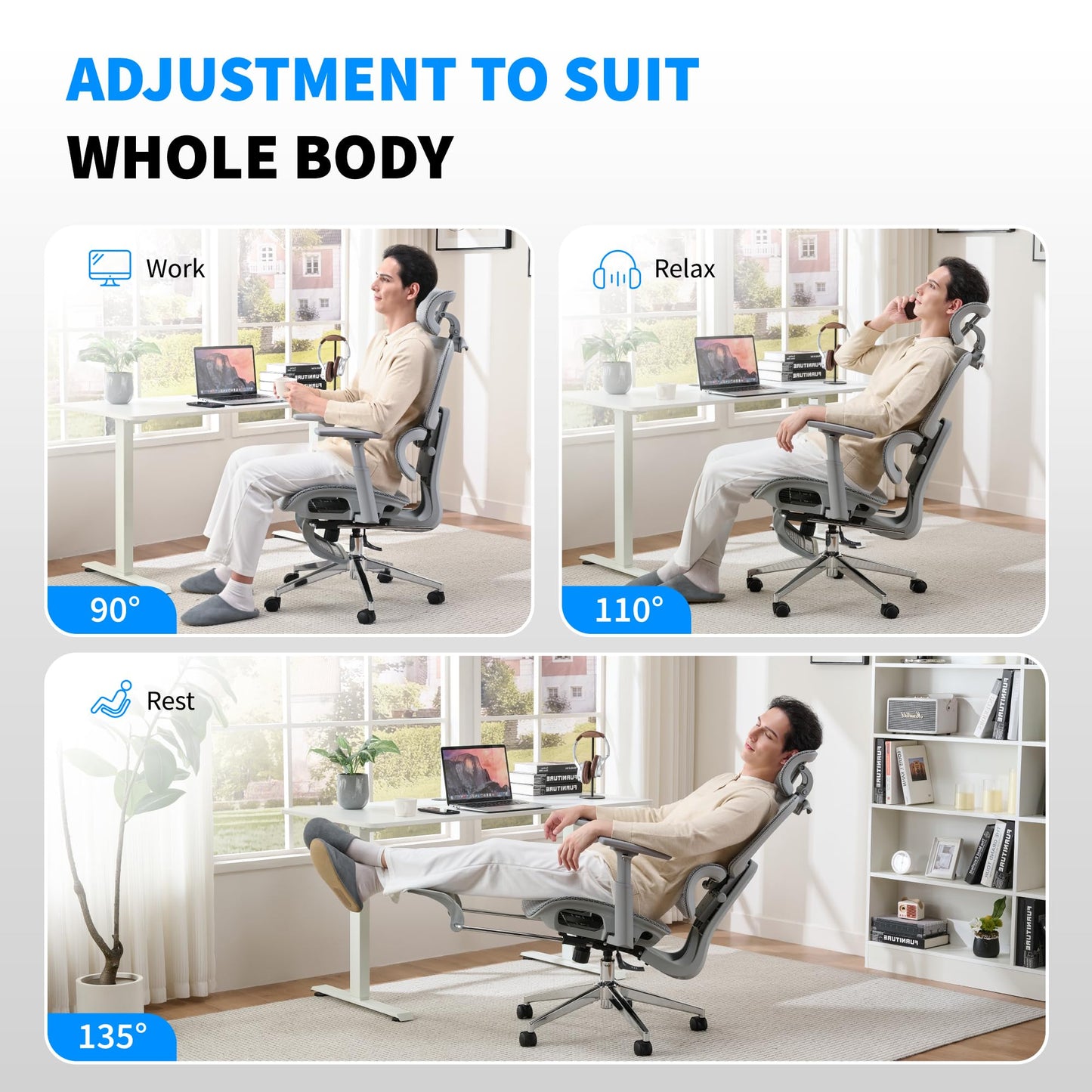 hujusko Mesh Ergonomic Office Chair with Footrest,High Back Mesh Gaming Chair with Lumbar Support,Adjustable Headrest and Armrests for Home Office Desk Chair (Modern, Grey)