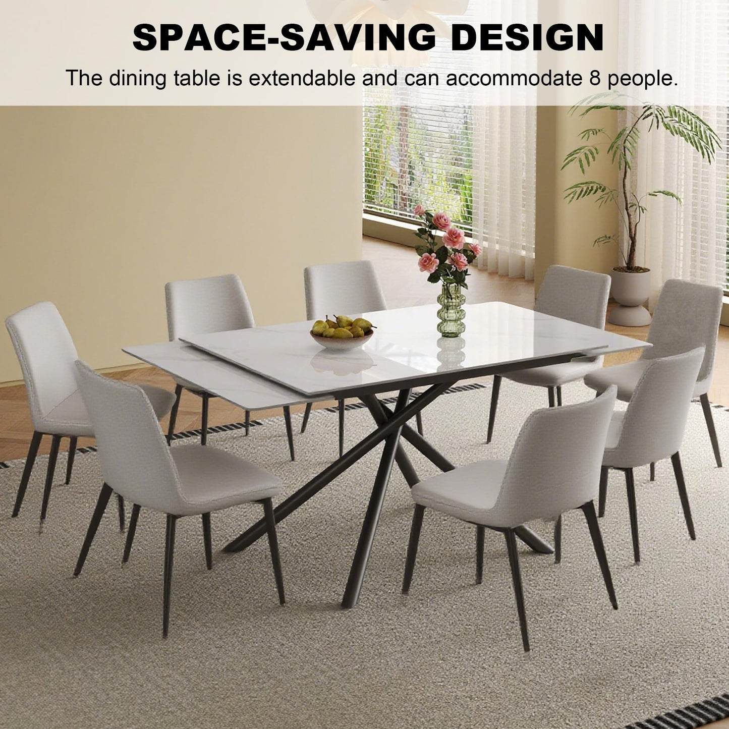 Runboll Extendable Rectangular Dining Table Set for 8, 47"-71" Modern Sintered Stone Kitchen Table with 8 Chairs and Carbon Steel Legs for Dining Room Family Gathering