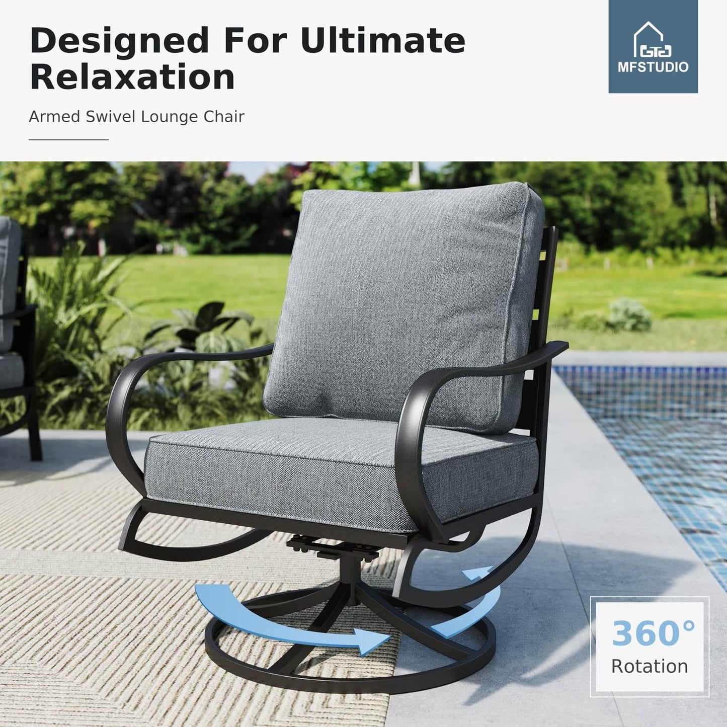 MFSTUDIO 5 Pieces Patio Conversation Sets,Outdoor Metal Furniture Sofas with 1 x 3-Seat Sofa, 2 x Swivel Chairs,2 x Ottoman,Wrought Iron Frame with Grey Cushion for Patio Courtyard Balcony