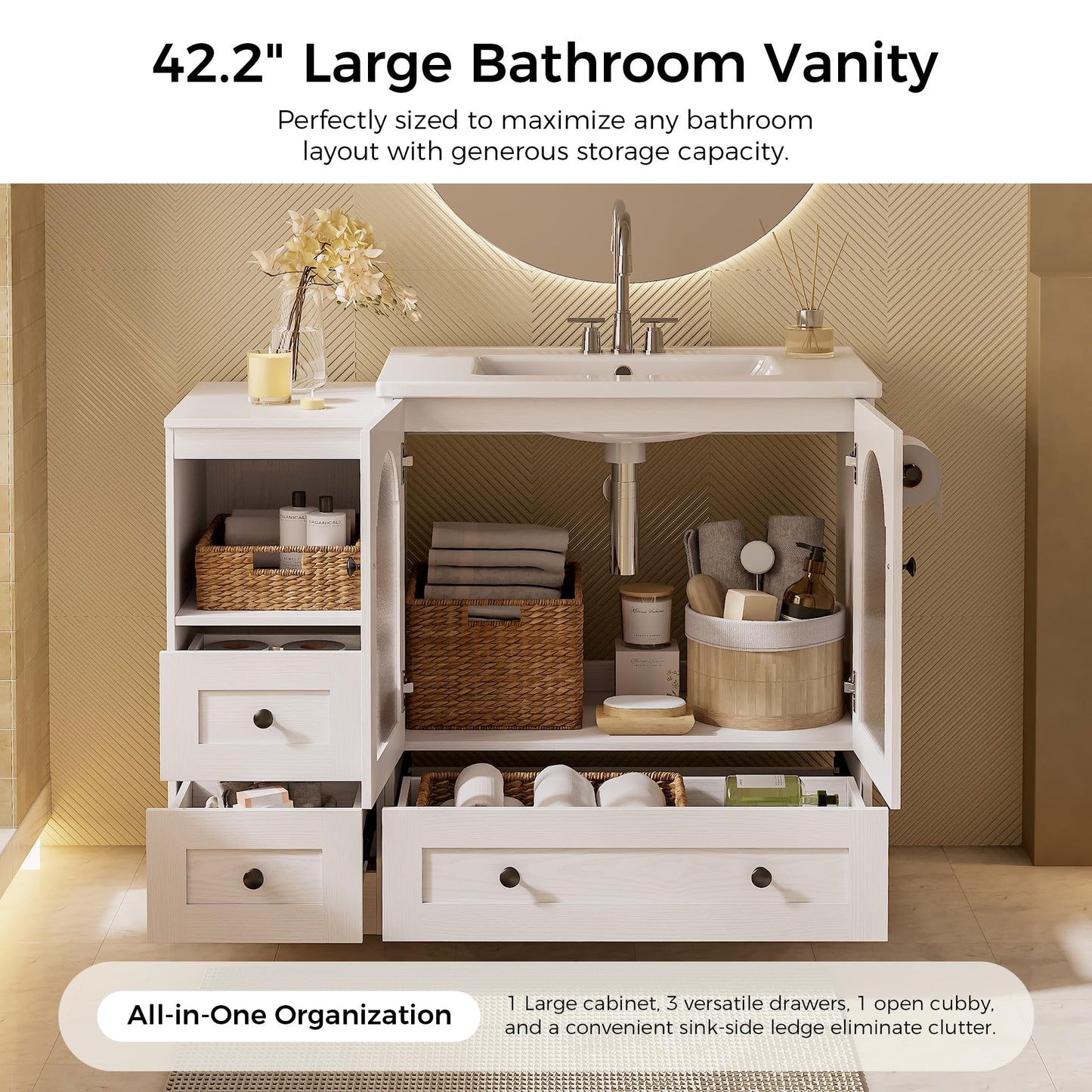 IRONCK 42 Inch Bathroom Vanity with Sink Set, Bathroom Cabinet Vanity with 2 Visual Buffer Gate, Pedestal Sink Storage Cabinet with 3 Drawers, Open Cubby, Swap Sides Design, White