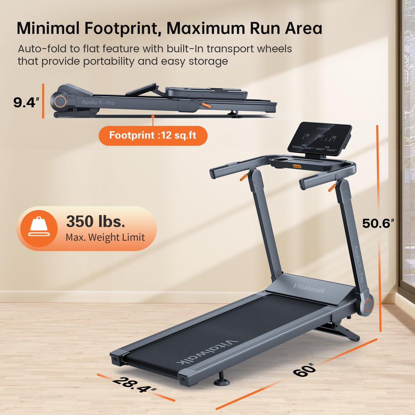 Foldable Treadmill with Auto Incline - Vitalwalk Commercial 48"x18" Wide Running Belt, 20% / 15% Incline, 10MPH, 3.5HP Brushless, Walking Pad Treadmill for Home, Auto Folding, No Installation, 350LBS