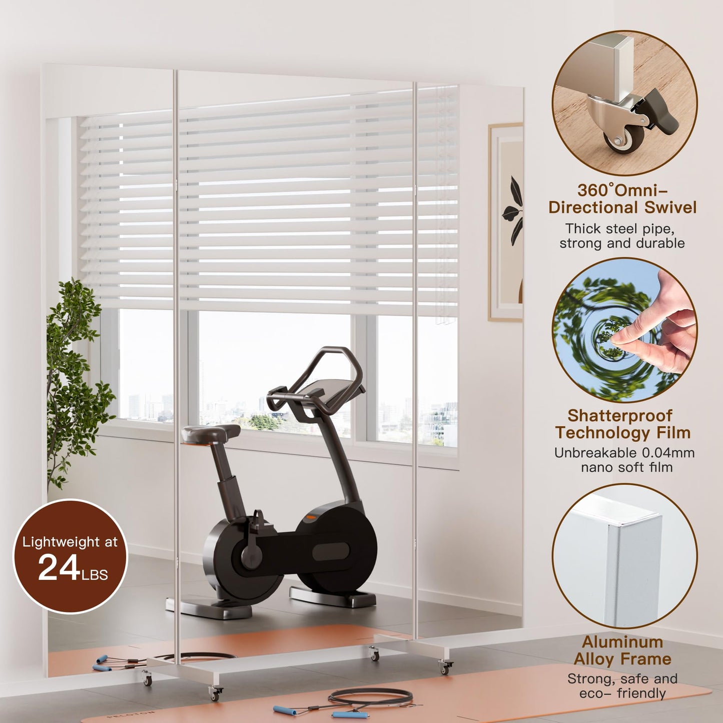 brisafe NanoMirror Non-Glass Ultra-Light Foldable Home Gym on Wheels, 71"x71" Extra Large Full Body Unbreakable Shatterproof Mirror, 360° Swivel for Yoga, Dance, Fitness Studio & Home Gym, White