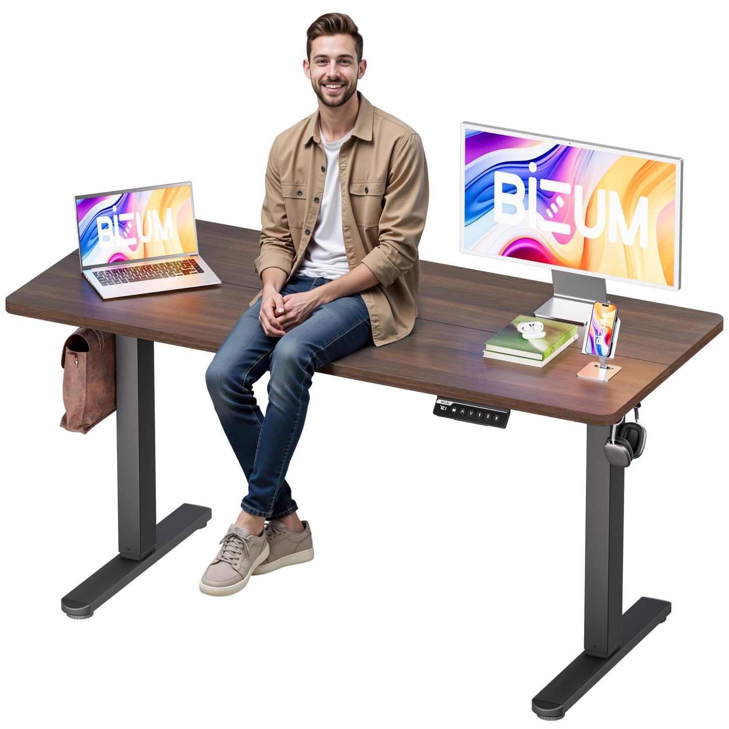 BIZUM Electric Standing Desk, 55x24 inches Height Adjustable Desk, Sit to Stand Desks Memory Gaming Computer Workstation for Home Office, Dark Walnut