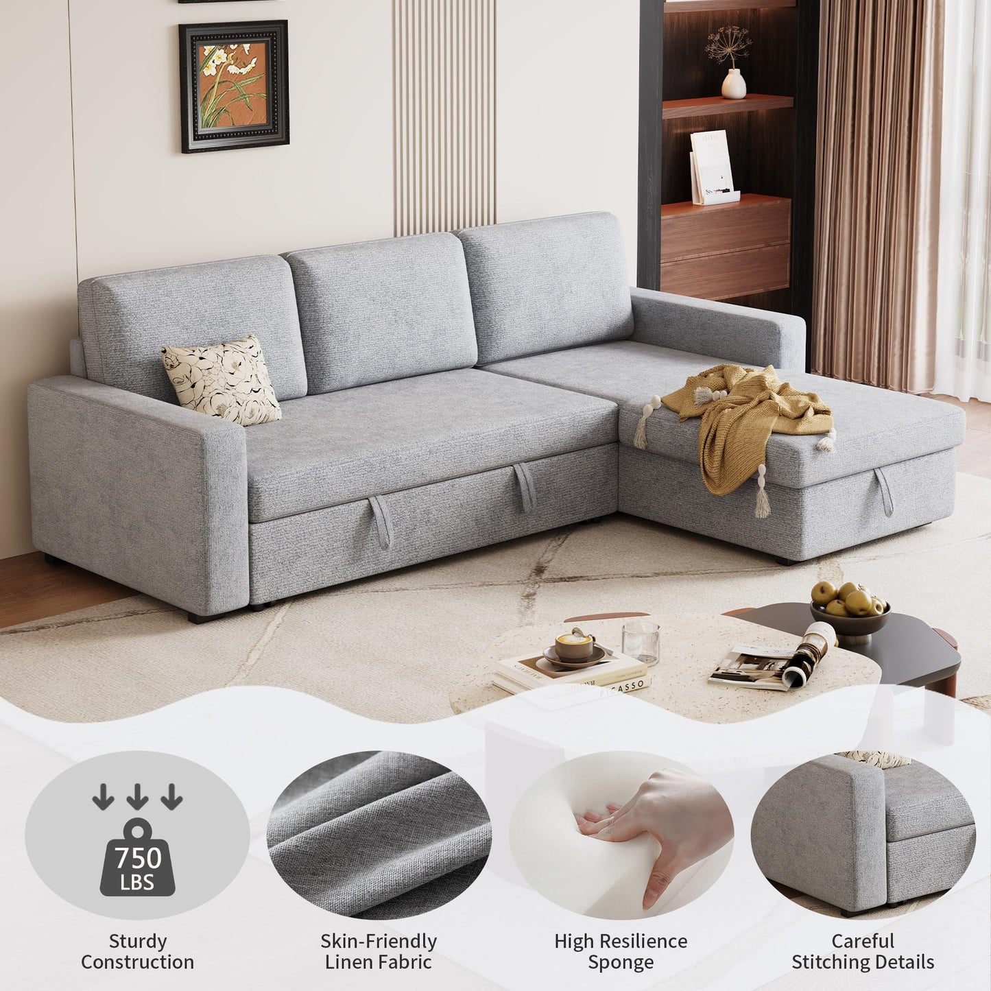 FAVSH 81-Inch L-Shape Sectional Couch, 4-in-1 Multifunctional Pull-Out Couch Sleeper Sofa with Storage Chaise & Removable Back Cushions, for Living Room/Office/Apartment (Light Gray)